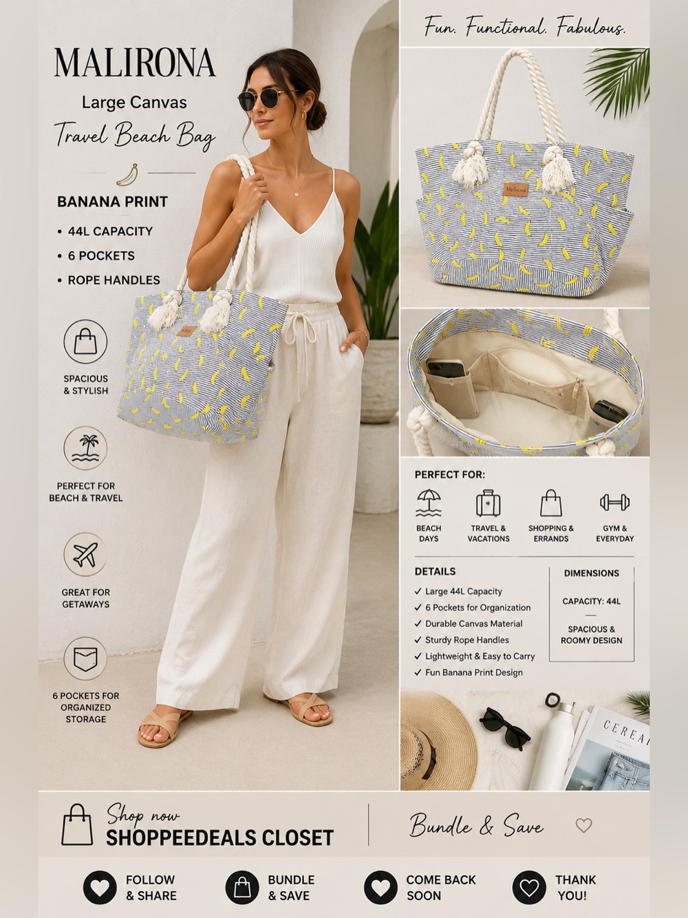 Malirona Large Canvas Travel Beach Shoulder Bags,6 pockets‎